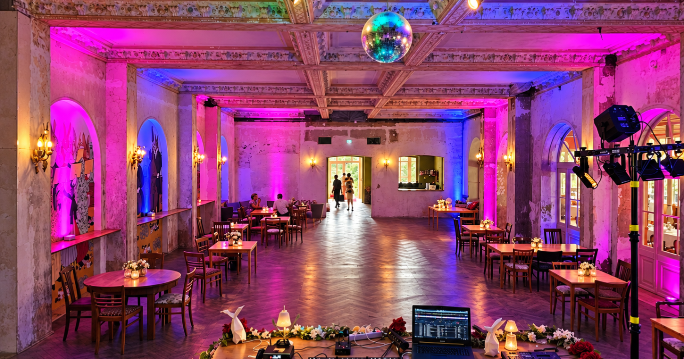 DJ Leipzig Ronny LE. bei einem Event in der Villa Hasenholz in Leipzig Festsaal mit Ambientebeleuchtung und Tischanordnung für eine Veranstaltung in Leipzig