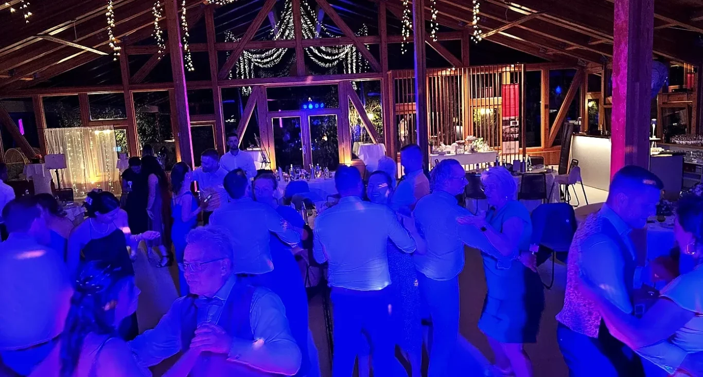 DJ Leipzig Ronny LE. bei einem Event in der Fliedertreiberei Engler in Leipzig Tanzende Menschen in einem festlichen Ambiente, blau beleuchteten Raum mit Dekoration in Leipzig.